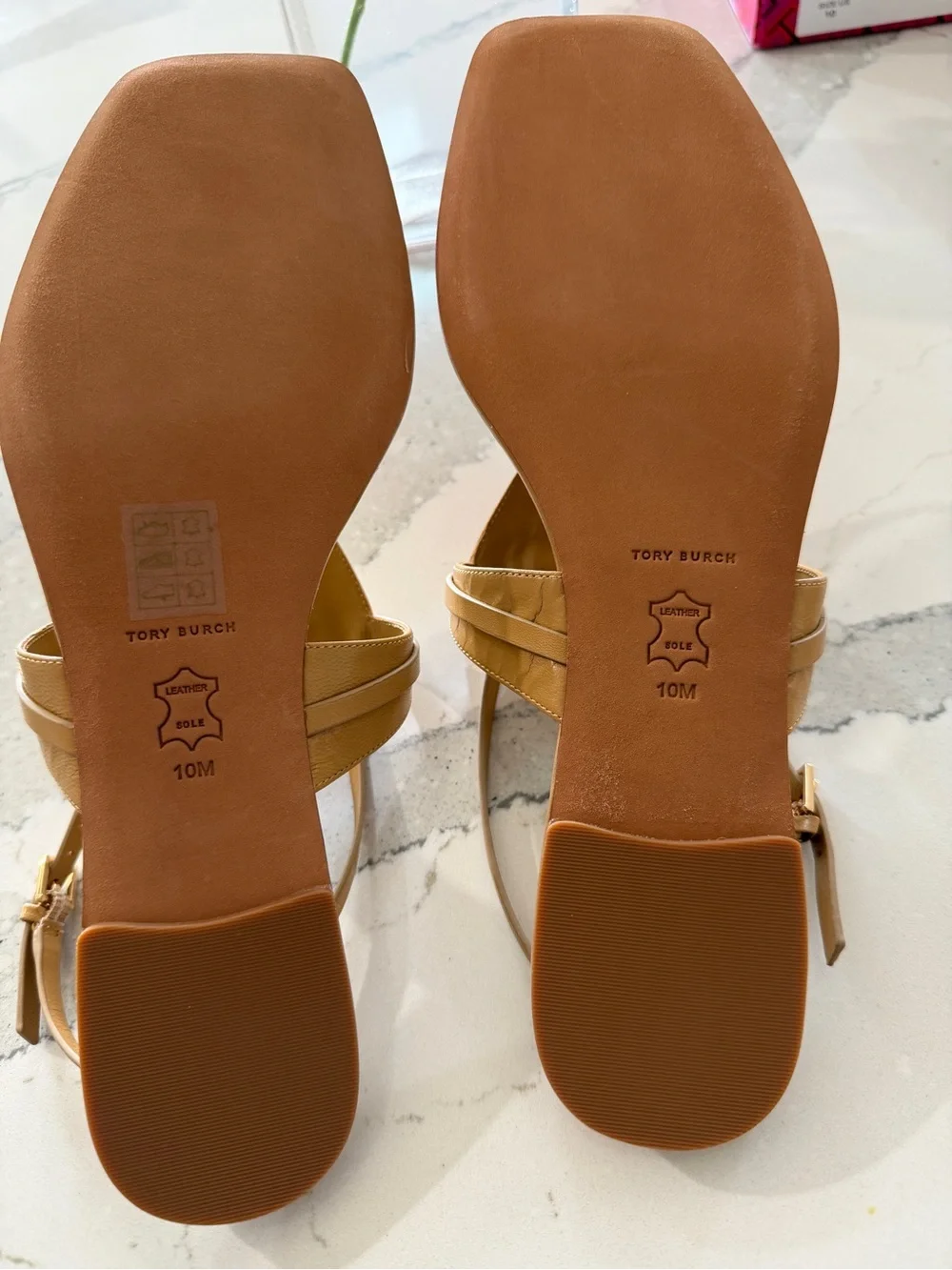 Tory Burch Tan Leather T-Strap Sandals with Gold Chain Accent